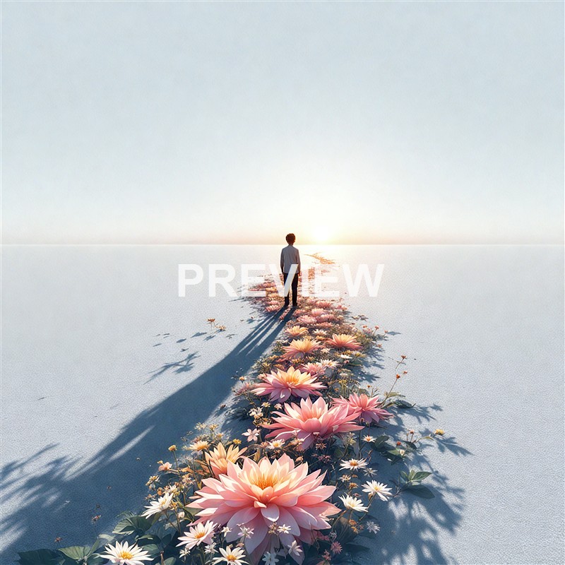 A person stands on a path made of large pink and white flowers leading into the horizon where the sun is setting or rising, casting long shadows on a flat, white surface.